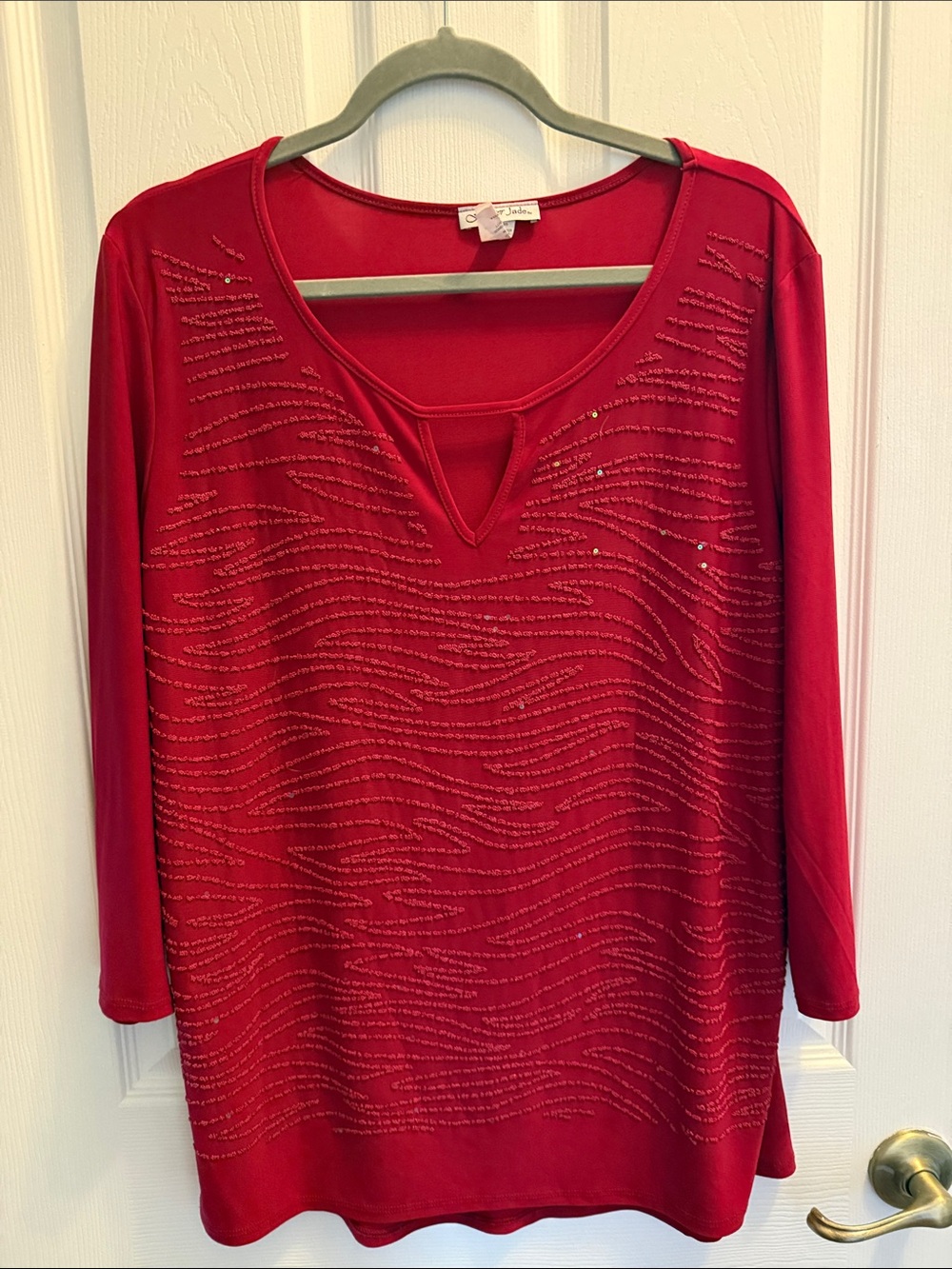 Forever Jade Embellished Red V-Neck Long Sleeve Top